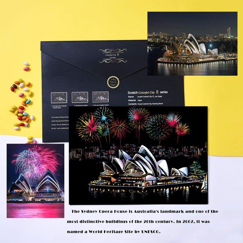 BOTEEN Rainbow Scratch Painting Paper by BOTEEN,City Series Night Scene,Scratch Painting Creative Gift,Scratchboard for Adult and Kids,with 4 Tools,Size:16''x11'' (Sydney Opera House) - Image 5